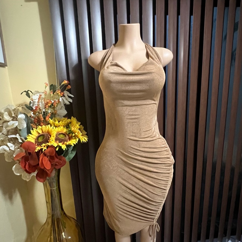 Elegant Tan Ruched Halter Dress